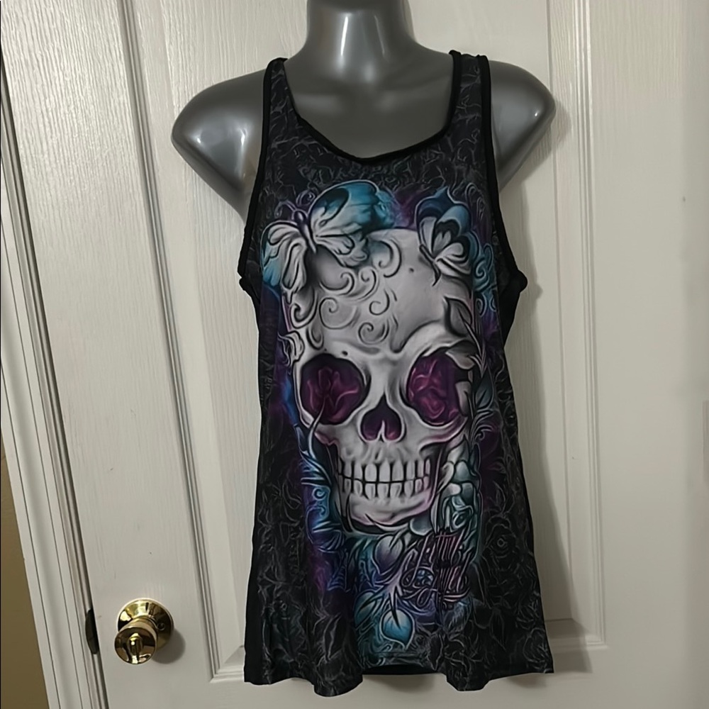 Black Sleeveless Graphic Tank Top with Purple Accents.